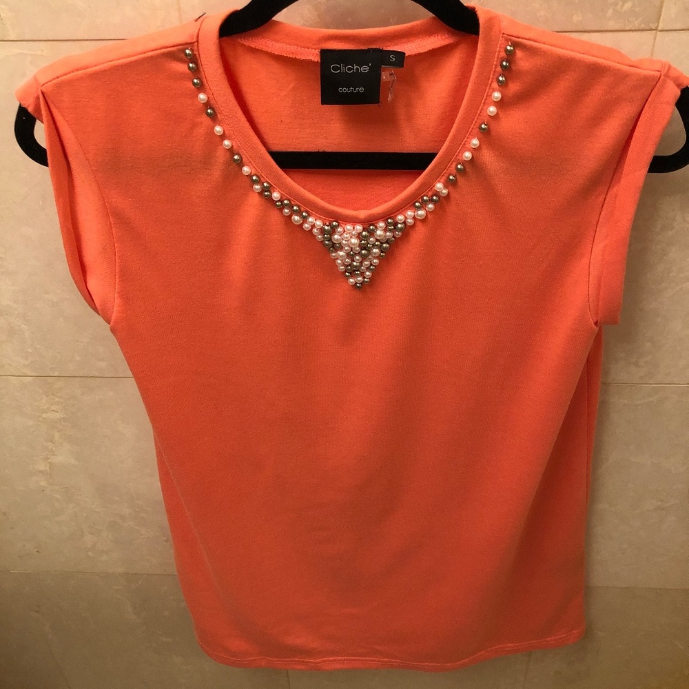 Coral Cliche Tunic Top with Embellished Neckline S